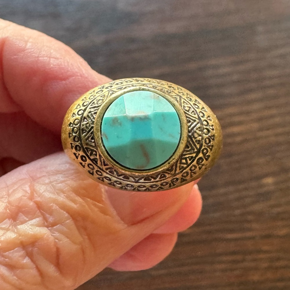 Large Lucky Brand Brass/Turquoise Ring - sz 7